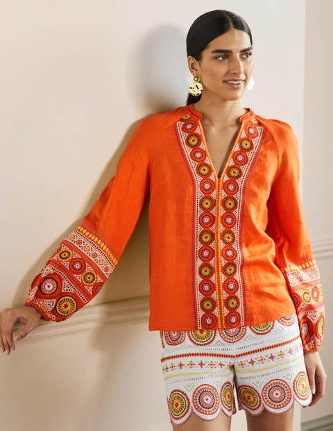Tamsin Embroidered Linen Top - Clementine