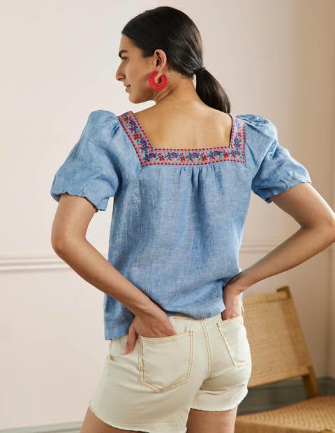 Square Neck Linen Top - Chambray | Boden US