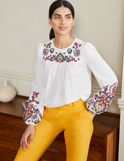 Embroidered Blouson Jersey Top - White | Boden US