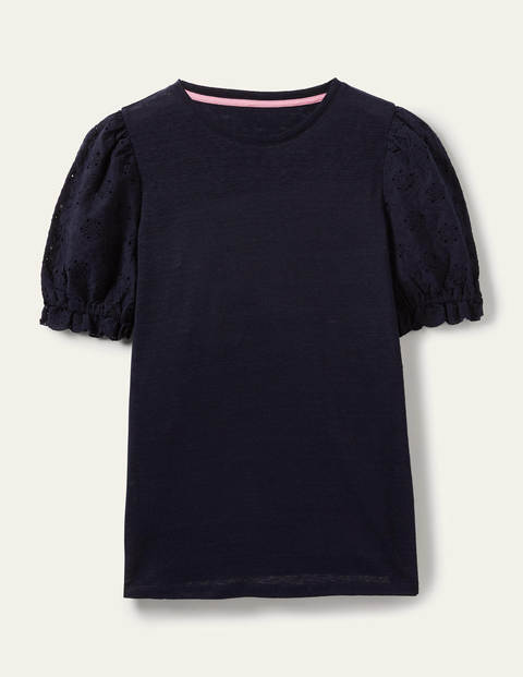 Broderie Sleeve Linen T-Shirt - Navy | Boden US