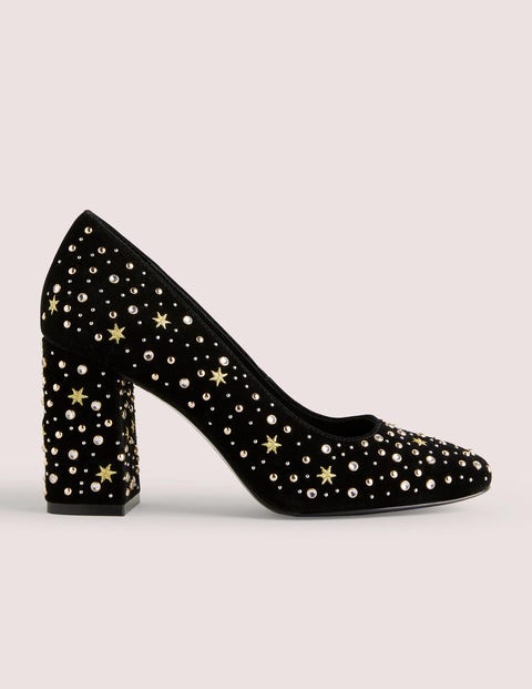 Embroidered Block Heel Courts Black Women Boden, Black