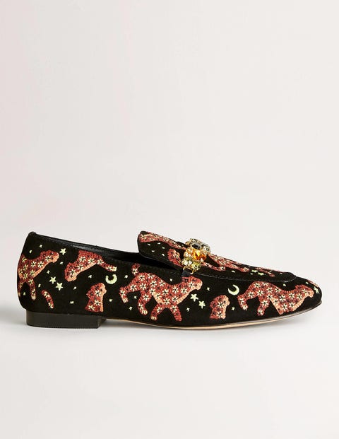 Embellished Trim Loafers - Black Embroidered Cheetah | Boden UK