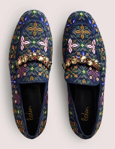 Embellished Trim Loafers - Navy Embroidered | Boden UK