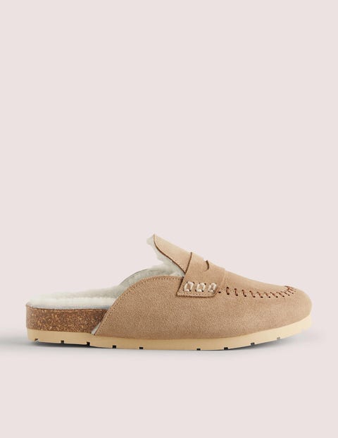 Eichelbraun, Offene Lammfell-Loafer, Damen, Boden, Eichelbraun