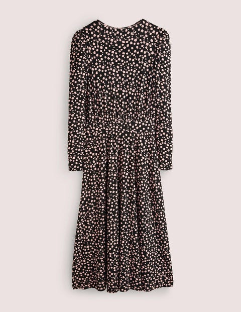 Puff Sleeve Jersey Midi Dress - Black, Falling Bud | Boden US