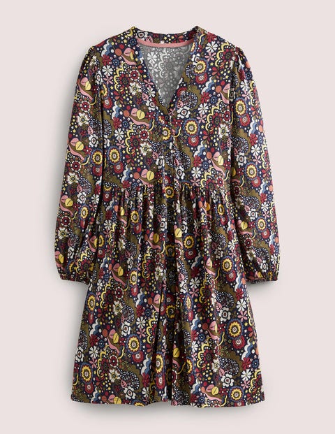 Jerseykleid mit durchgängiger Knopfleiste Damen Boden, Bunt, Paradieswirbelmuster
