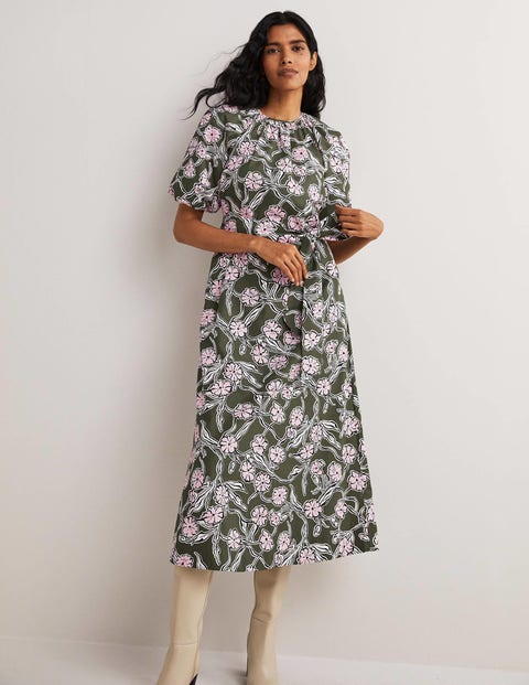 Puff Sleeve Column Midi Dress - Basil, Petal Vine | Boden EU
