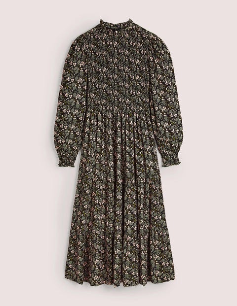 Smocked Tiered Midi Dress Black Women Boden, Black, Prairie Garden