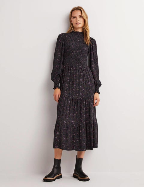 Smocked Tiered Midi Dress Navy, Prairie Garden Boden EU