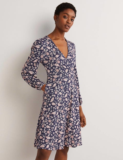 Easy Fixed Wrap Jersey Dress - French Navy, Flower Garden | Boden UK