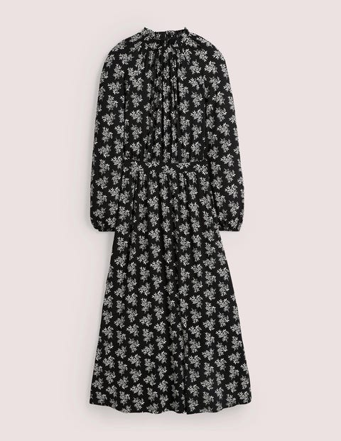 Ruffle Neck Jersey Midi Dress - Black, Pretty Blossom | Boden UK