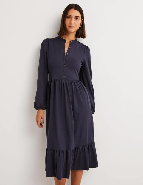 Buttoned Jersey Midi Dress - Navy | Boden UK