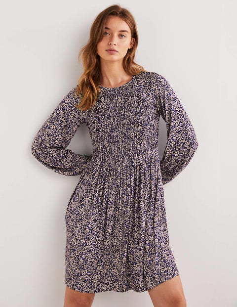Smocked Bodice Jersey Dress - Persian Blue, Leaf Cluster | Boden UK