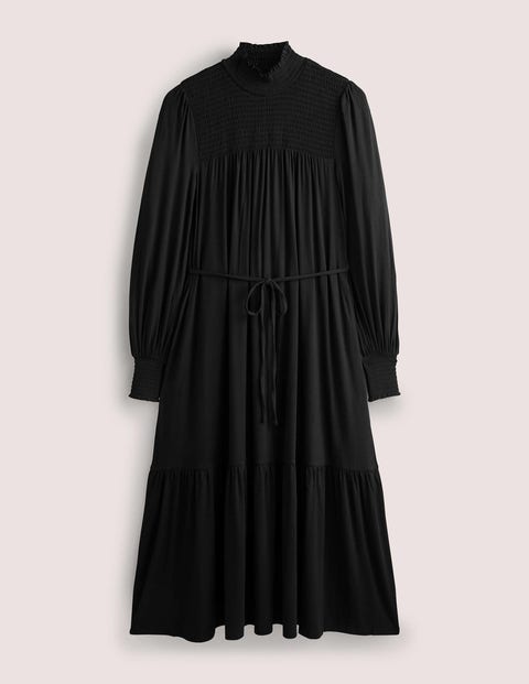 High Neck Smocked Maxi Dress - Black | Boden US