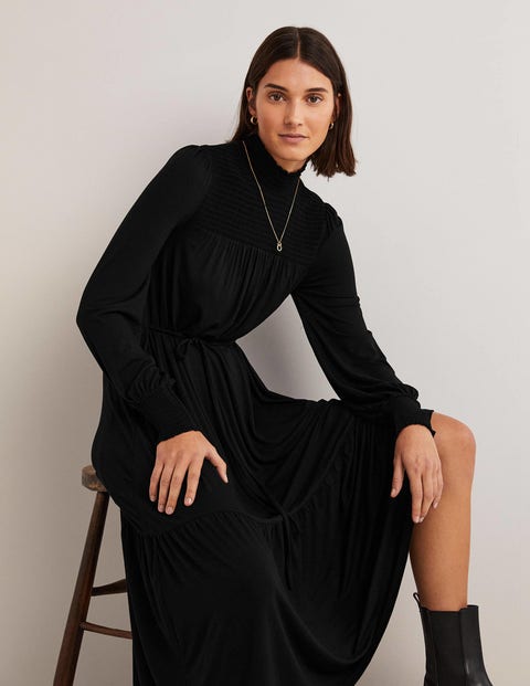 High Neck Smocked Maxi Dress - Black 