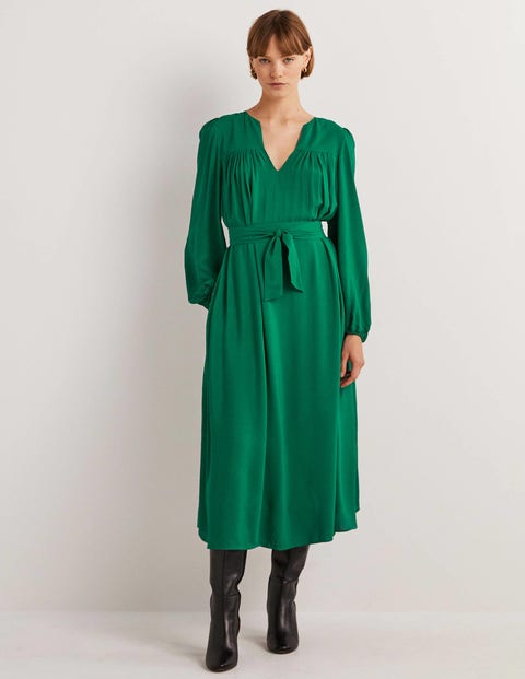 Gathered Yoke Midi Dress - Forest Green | Boden US