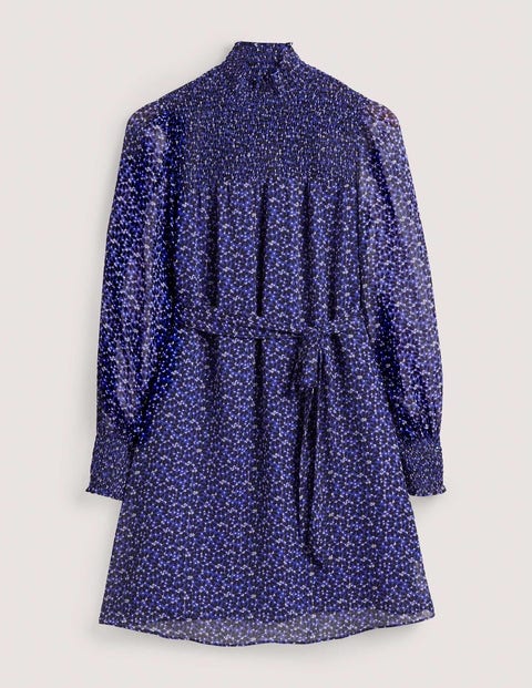Metallic-Kleid mit Smokpasse Damen Boden, Stahlblau, Verstreute Blütenblätter