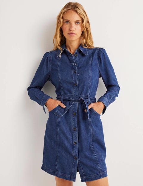 Puff Sleeve Denim Mini Dress - Mid Vintage | Boden UK