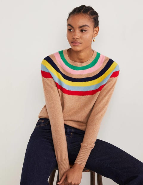 Margot Cashmere Sweater - Camel, Rainbow Neck Stripe | Boden US