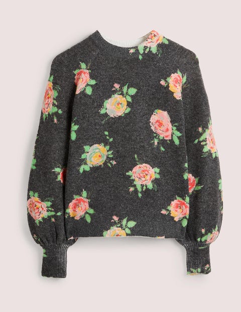 Blouson Sleeve Fluffy Sweater - Black, Painterly Rose | Boden US