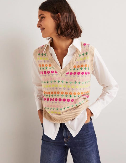 V-neck Knitted Sweater Vest - Chinchilla Melange, Floral | Boden US