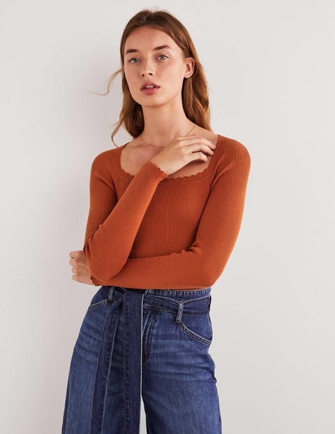 Ribbed Square Neck Knitted Top - Rust | Boden US