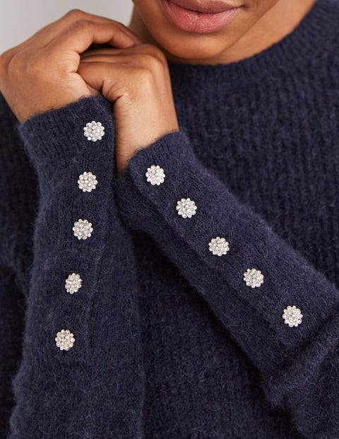 Navy Jewel Button Fluffy Sweater Navy