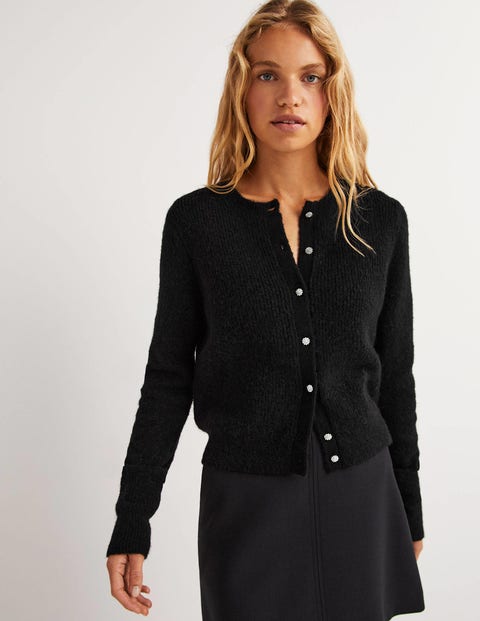 Jewel Button Fluffy Cardigan - Black | Boden US