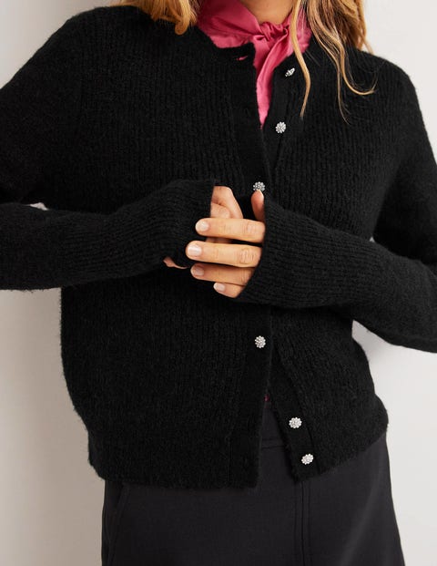 Jewel Button Fluffy Cardigan - Black | Boden US