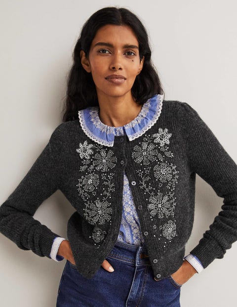 Embellished Ribbed Cardigan - Charcoal 