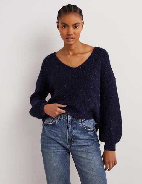 Navy Sparkle Ribbed Fluffy V-Neck Sweater - Navy Sparkle