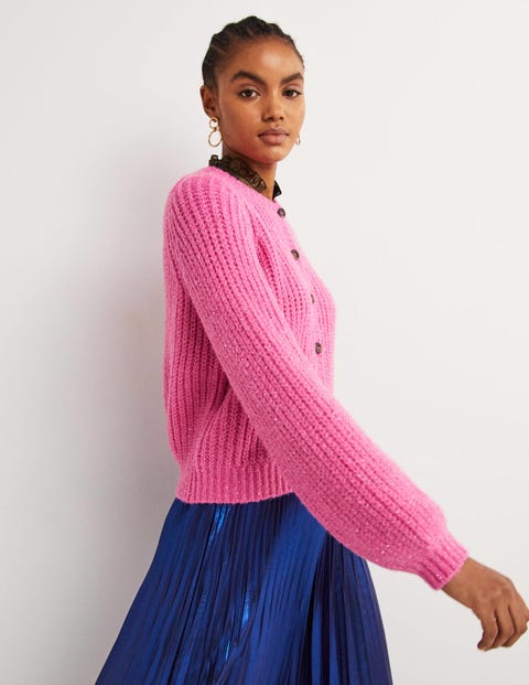 Pink Chunky Ribbed Fluffy Cardigan - Bright Pink Sparkle