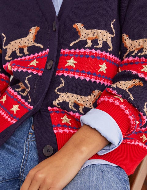 Oversized V-neck Cardigan - Navy Jacquard Leopard
