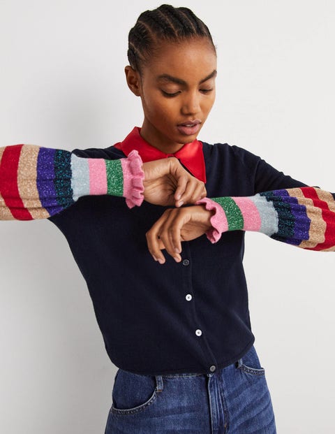 Metallic Frill Stripe Cardigan - Navy Multi Cuff | Boden US