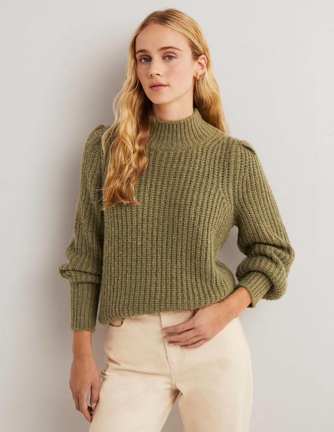 Boden Green Ribbed Fluffy High Neck Jumper