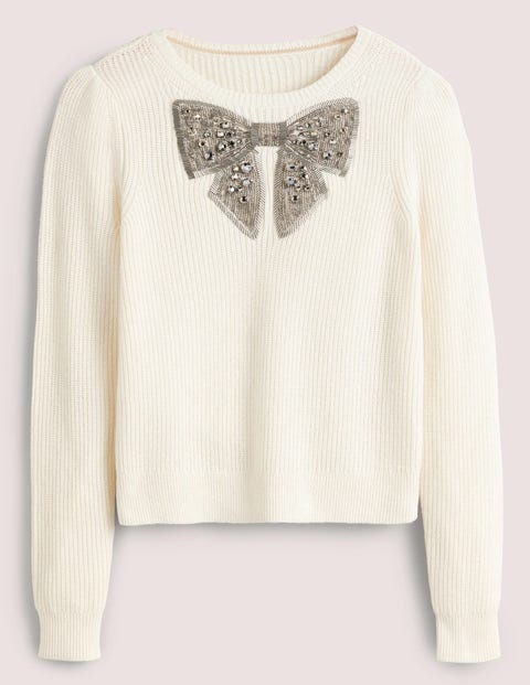 Cream Embellished Bow Ribbed Sweater 