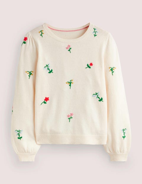 Embroidered Knitted Sweater Warm Ivory Flower Embroidery