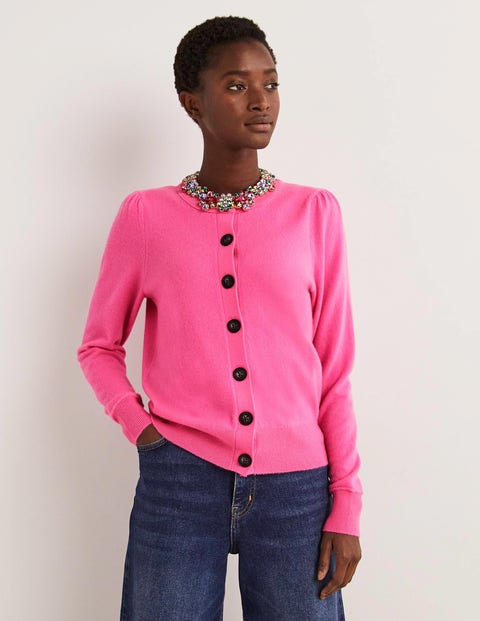 Cashmere Crew Neck Cardigan - Cherry 