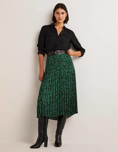 Pleated Midi Skirt - Hunter Green, Abstract Bud | Boden US