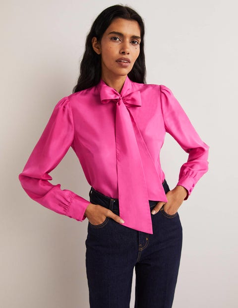 Silk Tie Neck Blouse - Wild Watermelon Pink | Boden UK