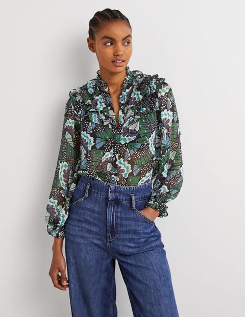 Ruffle Neck Shirt - Black, Petal Stamp | Boden US