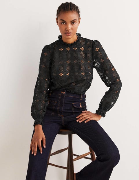 High Neck Lace Top - Black