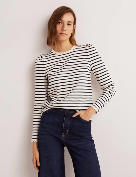 Crochet Trim Crew Neck Top - Ivory, Navy Stripe | Boden UK