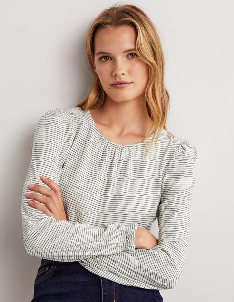 Blouson Cotton Crew Neck Top - Ivory, Navy Stripe | Boden US