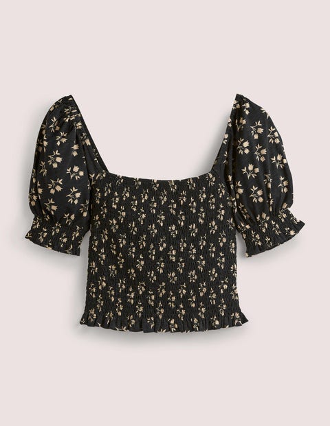 Gesmoktes Jerseyoberteil mit eckigem Ausschnitt Women Boden, Black, Bouquet Bud