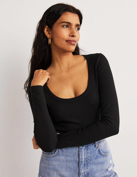 Soft Ribbed Scoop Neck Top - Black