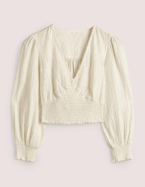 Lurex Smocked Crop Top - Ivory Crinkle Lurex | Boden UK