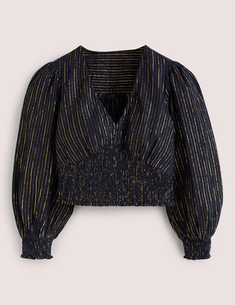Gesmoktes kurzes Lurexoberteil Women Boden, Navy, Lurex-Streifen