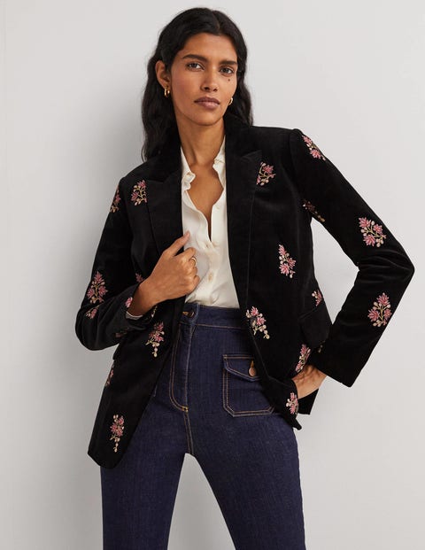 Pay attention to bouquet Implications Semi-Fitted Tailored Blazer - Black, Embroidered | Boden US