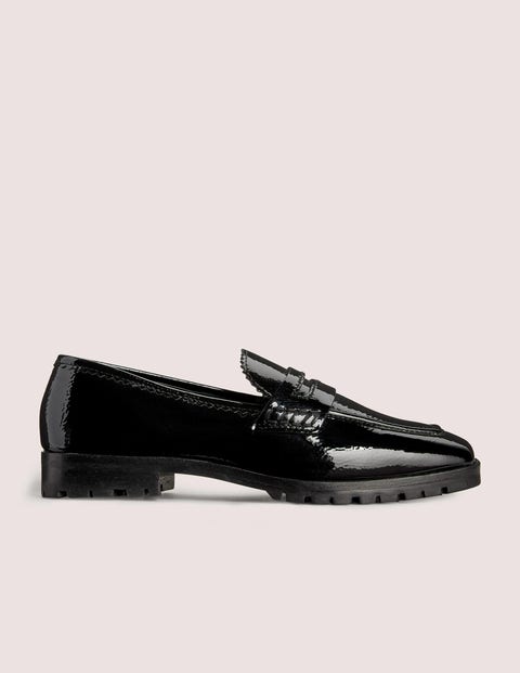 full patent black loafers